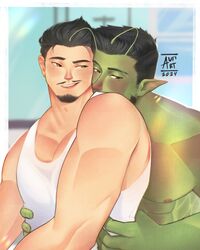  2boys alien antennae avi_(usernames_avi) bara beard blush clothed_male_nude_male colored_skin couple eyebrow_cut facial_hair full_beard goatee green_skin highres hug hug_from_behind interspecies large_pectorals looking_at_another male_focus mature_male moustache multiple_boys muscular muscular_male nipples nude original pectoral_cleavage pectorals pencil_mustache pointy_ears short_hair sideburns_stubble smile stubble tank_top thick_eyebrows upper_body white_tank_top yaoi 