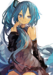  aqua_hair arm_at_side black_skirt blue_eyes cowboy_shot detached_sleeves female grey_shirt hair_between_eyes hand_to_own_mouth hatsune_miku hatsune_miku_(noodle_stopper) highres kaamin_(mariarose753) light_smile long_hair meme shirt side_ponytail sidetail_miku_noodle_stopper_(meme) sitting skirt sleeveless sleeveless_shirt solo very_long_hair vocaloid white_background 