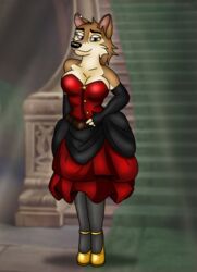  2024 4_fingers aleu_(balto) anthro anthrofied armwear balto_(series) bedroom_eyes big_breasts black_nose breasts brown_body brown_fur canid canine canis cleavage clothed clothed_anthro clothed_female clothing domestic_dog dress ear_piercing female fingers folwilliar footwear fur high_heels humanoid_hands husky hybrid industrial_piercing inside legwear mammal multicolored_body multicolored_fur narrowed_eyes nordic_sled_dog piercing seductive smile solo spitz stairs standing stockings tan_body tan_fur two_tone_body two_tone_fur universal_studios wolf wolfdog 