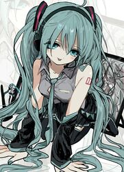  :p absurdres ahoge all_fours black_footwear black_skirt blue_eyes blue_hair blue_nails blue_necktie blush boots breasts broken_screen button_gap collared_shirt detached_sleeves female figure grey_shirt half-closed_eyes hatsune_miku headphones highres jihecchi long_hair looking_at_viewer loose_necktie medium_breasts miniskirt necktie number_tattoo pleated_skirt popped_collar shirt shoulder_tattoo skirt sleeveless sleeveless_shirt smile solo tablet_pc tattoo thigh_boots tongue tongue_out twintails very_long_hair vocaloid zoom_layer 