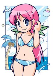  adjusting_hair bikini bird birobomb blue_bikini blue_eyes border breasts cloud cloudy_sky collarbone female long_hair looking_at_viewer navel ocean original outside_border palm_tree pink_hair seagull side-tie_bikini_bottom sky smile solo standing swimsuit tree white_border 