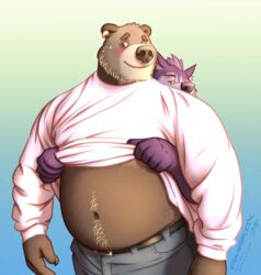  amarox amarox_(character) anthro bear beard blush body_hair bottomwear brown_bear canid canine canis clothed clothing clothing_lift duo ear_piercing ear_ring ewan_(amarox) facial_hair grizzly_bear hair happy_trail hi_res male male/male mammal musclegut muscular pants piercing presenting_belly ring_piercing standing sweater topwear ursine wolf 