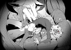  1boy animal arched_back blood blush crying crying_with_eyes_open demon drooling dungeon_meshi elf forced goat goat_(dungeon_meshi) hand_on_another&#039;s_face head_grab highres horizontal_pupils horns korean_text leg_grab licking licking_stomach long_sleeves lying male_focus medium_hair mithrun monochrome monster nonda_(user_jrtx4528) on_back oversized_animal pointy_ears pushing pushing_away restrained scared spot_color symbol-shaped_pupils tears tongue tongue_out wavy_hair wide-eyed 