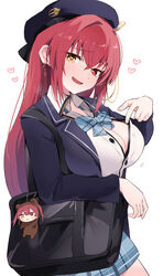  bag black_bag black_hat black_jacket blue_bow blue_bowtie blue_skirt bow bowtie breasts cleavage collared_shirt earrings enipa_28 female hat heart heart-shaped_pupils highres hololive houshou_kumarine houshou_marine houshou_marine_(school_uniform) jacket jewelry large_breasts long_hair official_alternate_costume open_clothes open_jacket open_mouth partially_unbuttoned plaid plaid_bow plaid_bowtie plaid_skirt red_eyes red_hair school_bag school_uniform shirt skirt symbol-shaped_pupils virtual_youtuber white_shirt yellow_eyes 