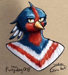  anthro avian beak blue_body feathered_crest feathers female furrydog008 generation_3_pokemon gyrotech head_crest markings mistral_(gyro) nintendo pokemon pokemon_(species) red_markings swellow white_body white_markings yellow_eyes 