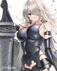  a2_(nier:automata) bare_shoulders black_gloves blue_eyes breasts elbow_gloves female gloves highres large_breasts long_hair looking_at_viewer marker_(medium) mole mole_under_mouth nier:automata nier_(series) solo sword traditional_media weapon white_hair yosaku_vs_hina 