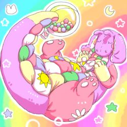  animate_inanimate anthro closed_eyes dragon female hi_res living_plushie mimill3 mythological_creature mythological_scalie mythology paws plushie plushie_tag rainbow_background rattle_(anatomy) scalie simple_background solo wingless_dragon 