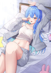  ;o arm_up bed blue_eyes blue_hair blush breasts camisole cellphone female grey_jacket grey_shorts highres hiiragi_melt hololive hoshimachi_suisei jacket knee_up long_hair lying messy_hair navel on_back on_bed one_eye_closed phone pillow shorts small_breasts smartphone solo stomach sunlight virtual_youtuber waking_up white_camisole 