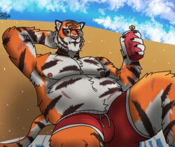  2024 absurd_res alcohol anthro armpit_tuft beach beverage body_scars clothing digital_drawing_(artwork) digital_media_(artwork) epic_games eyewear felid feline fortnite fur hi_res holding_alcohol holding_beverage holding_object lounging male mammal multicolored_body multicolored_fur musclegut muscular nipples on_ground on_sand oscar_(fortnite) pantherine scar secretagentarc shaded shirtless solo stripes sunglasses swimming_trunks swimwear tiger 