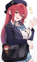  bag black_bag black_hat black_jacket blue_bow blue_bowtie blue_skirt bow bowtie breasts cleavage collared_shirt earrings enipa_28 female hat highres hololive houshou_kumarine houshou_marine houshou_marine_(school_uniform) jacket jewelry large_breasts long_hair official_alternate_costume open_clothes open_jacket open_mouth partially_unbuttoned plaid plaid_bow plaid_bowtie plaid_skirt red_eyes red_hair school_bag school_uniform shirt skirt virtual_youtuber white_shirt yellow_eyes 