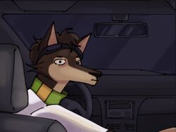  4:3 anthro bastard_rat brown_body brown_fur canid canine canis car clothing driving flight_goggles fur hi_res inside_car li&#039;l_melon looking_at_viewer looking_back mammal night nonbinary_(lore) pouting reaction_image scarf shirt solo stare strays_in_paradise t-shirt topwear vehicle wolf 