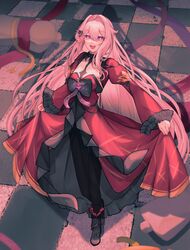  1boy :d absurdres black_footwear black_pantyhose boots breasts cleavage cleavage_cutout clothing_cutout dress full_body highres honkai_(series) honkai_impact_3rd long_hair long_sleeves looking_at_viewer misapit open_mouth pantyhose pink_eyes puffy_long_sleeves puffy_sleeves red_dress shadow smile solo standing thelema_(honkai_impact) tile_floor tiles very_long_hair white_hair wide_sleeves 