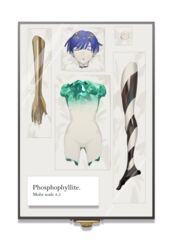  1other androgynous blue_hair bowl_cut closed_eyes colored_eyelashes crystal_hair dismemberment display display_board english_text glass gold golden_arms hair_between_eyes highres houseki_no_kuni lapis_lazuli_(gemstone) phosphophyllite_(gemstone) phosphophyllite_(ll) picture_frame short_hair simple_background solo white_background white_eyes yoru_yoru13 