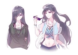  aiba_ibuki anchor_necklace black_hair blue_eyes breasts chinese_commentary closed_mouth collared_shirt commentary_request female genderswap_(mtf) green_hoodie hair_ornament hairclip highres holding holding_removed_eyewear hood hoodie jewelry long_hair medium_breasts multiple_views navel necklace open_clothes open_shirt purple_eyes rule_63 saibou_shinkyoku see-through see-through_shirt shirt simple_background smile sunglasses unworn_eyewear white_background yin_rouhi 