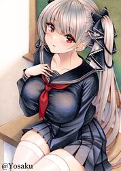  azur_lane blush breasts cleavage dress female formidable_(azur_lane) grey_hair hair_ribbon highres large_breasts long_hair looking_at_viewer marker_(medium) red_eyes ribbon solo traditional_media twintails very_long_hair yosaku_vs_hina 