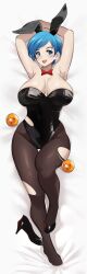  absurdres animal_ears arms_up black_leotard black_pantyhose blue_eyes blue_hair bow bowtie breasts bulma_briefs commission curvy dragon_ball dragon_ball_(object) fake_animal_ears highres large_breasts leotard lying on_back pantyhose playboy_bunny rabbit red_bow red_bowtie short_hair smile strapless strapless_leotard zuyu_(zuyuzuyu6) 