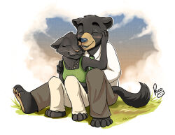  anthro artist_logo bear black_body black_fur black_tail blush bottomwear brown_bottomwear brown_clothing brown_pants closed_eyes closed_smile clothed clothing cloud duo felid female female_anthro fur grass green_clothing green_topwear head_tuft hug hugging_another hugging_from_behind jewelry logo male male_anthro mammal mouth_closed necklace open_mouth open_smile outside pandapaco pants plant signature sitting sky smile tail topwear tuft white_bottomwear white_clothing white_pants white_topwear 