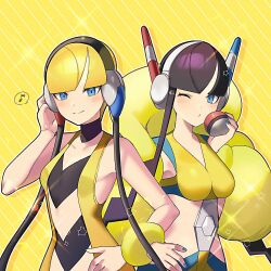  2girls absurdres black_hair blue_nails cable closed_mouth collarbone dual_persona elesa_(pokemon) eyelashes hand_on_own_hip headphones highres holding holding_poke_ball long_hair looking_at_viewer multiple_girls musical_note poke_ball poke_ball_(basic) pokemon pokemon_bw pokemon_bw2 smile speech_bubble spoken_musical_note yasaikakiage yellow_background 