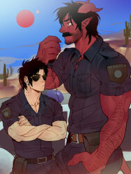  2boys arms_crossed black_hair body_hair bulge cactus chest_hair claws dark_hair demon desert dom earrings facial_hair frown gay hairy hairy_arms hand_in_pocket horns human incubus light_skin looking_to_the_side male male/male male_on_male male_only monster moustache muscular original_character outdoors pointy_ears police_car police_uniform red_skin s-13 size_difference sky stubble sunglasses suyohara the_devil_and_s-13 tight_clothing twitter_user_oc walkie_talkie yellow_eyes 