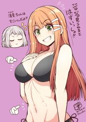  2girls abs bikini black_bikini blush breasts clenched_teeth collarbone gakuen_idolmaster green_eyes grey_hair groin idolmaster katsuragi_lilja large_breasts long_hair medium_breasts mole mole_under_eye multiple_girls navel nipples orange_hair purple_background serebi_ryousangata shiun_sumika short_hair side-tie_bikini_bottom simple_background smile swimsuit teeth translation_request 