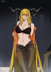  absurdres animal_ears arknights artist_name black_bra black_panties blonde_hair bra breasts cleavage collarbone degenbrecher_(arknights) english_commentary feet_out_of_frame female goat_ears goat_girl goat_horns hair_between_eyes highres horns indoors large_breasts long_hair looking_at_viewer open_mouth orange_eyes orange_shirt panties panty_peek partially_undressed shalterr02 shirt smile solo standing teeth underwear upper_teeth_only 