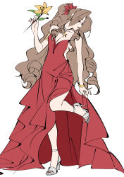  absurdres aerith_gainsborough bracelet breasts brown_hair cleavage commentary curly_hair dress female final_fantasy final_fantasy_vii final_fantasy_vii_remake flower foot_up full_body gold_armlet gold_bracelet hair_ornament high_heels highres holding holding_flower jewelry long_dress long_hair mianmian741 necklace red_dress red_nails side_slit simple_background sleeveless sleeveless_dress solo star_(symbol) star_necklace very_long_hair white_background white_footwear yellow_flower 