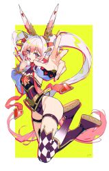  animal_ears ass black_leotard border breasts double_bun doughnut_hair_bun duel_monster female full_body hair_bun highres leotard long_hair malice&lt;p&gt;white_rabbit medium_breasts multicolored_hair pink_eyes pink_hair rabbit_ears simple_background solo twintails two-tone_hair very_long_hair white_border white_hair yellow_background yu-gi-oh! yukleeeee 