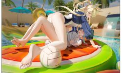  2girls absurdres animal_ear_fluff animal_ears ass barefoot beach_volleyball blonde_hair blowing_whistle blue_archive blue_eyes blue_jacket blush commentary dingding_(chongsangjun) dog_ears dog_girl double_bun fubuki_(blue_archive) fubuki_(swimsuit)_(blue_archive) grey_sky hair_bun highres inflatable_flamingo jacket kanna_(blue_archive) kanna_(swimsuit)_(blue_archive) knees_up long_sleeves multicolored_hair multiple_girls official_alternate_costume official_alternate_hairstyle one-piece_swimsuit palm_leaf palm_tree pillarboxed ponytail pool puffy_long_sleeves puffy_sleeves purple_hair red_eyes sky soles streaked_hair swimsuit thighs toes tree v-shaped_eyebrows visor_cap white_hair white_jacket white_one-piece_swimsuit 