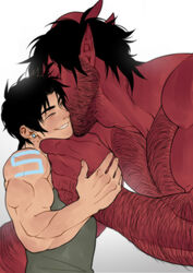  2boys affection beard beefy black_hair body_hair chest_hair closed_eyes clothed cute dark_hair demon dom ear_piercing earrings facial_hair gay glowing_markings hairy hairy_arms hairy_male hand_under_chin horns human humanoid incubus interracial kissing_cheek light_skin male male/male male_on_male male_only masculine mature_male monster muscular one_eye_closed original_character pecs pointy_ears red_skin s-13 size_difference smile stubble suyohara tank_top the_devil_and_s-13 twitter_user_oc yaoi yellow_eyes 