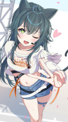  ;d absurdres animal_ears belt blurry blurry_background bodypaint cat_ears cat_tail collarbone denim denim_shorts feet_out_of_frame female fingernails gakuen_idolmaster green_eyes green_hair headset heart highres idolmaster looking_at_viewer loose_belt navel oerba_yun_fang one_eye_closed paw_print shirt short_shorts shorts sikimosh skin_fang smile solo sweat tail thigh_strap thighhighs tsukimura_temari v white_arm_warmers white_shirt 