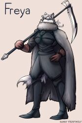  absurd_res anthro arctic_wolf armor blue_eyes canid canine canis cloak clothing female freya_(oliviamancer) fur glare glaring_at_viewer gloves glowing glowing_eyes handwear hi_res mammal melee_weapon polearm scythe solo sunny_frostwolf tail weapon white_body white_fur wolf 