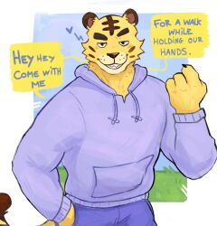  2024 4_fingers animal_crossing anthro blue_bottomwear blue_clothing blue_hoodie blue_text blue_topwear bottomwear brown_body brown_fur brown_nose claws clenched_teeth clothed clothing day dialogue digital_media_(artwork) dipstick_ears dipstick_tail ear_markings english_text eyebrows felid finger_claws fingers flirting flirting_with_viewer freckled_face freckles front_view fully_clothed fur grass grin hand_in_pocket heart_symbol hi_res hoodie male mammal markings multicolored_body multicolored_ears multicolored_fur nintendo open_mouth open_smile outside pantherine plant pockets raised_eyebrow shaded smile soft_shading solo speech_bubble standing tail tail_markings talking_to_viewer tan_body tan_fur tangkookie teeth text three-quarter_view tiger topwear tybalt_(animal_crossing) yellow_body yellow_fur yellow_speech_bubble 