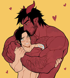  abs affection beard black_hair body_hair chest_hair cuddling cute dark_hair demon dom earrings facial_hair gay glowing_markings hairy hairy_arms heart horns human incubus light_skin looking_at_partner male male/male male_on_male male_only monster muscular nuzzling one_eye_closed original_character pecs piercing pointy_ears red_skin s-13 size_difference smile stubble suyohara the_devil_and_s-13 twitter_user_oc wide_hips yellow_background yellow_eyes 