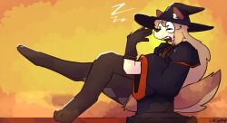  anthro canid canine catjam_(artist) clothing eyewear female glasses hat headgear headwear karina_(catjam) legwear magic_user mammal open_mouth raised_leg solo stockings witch witch_hat yawn 