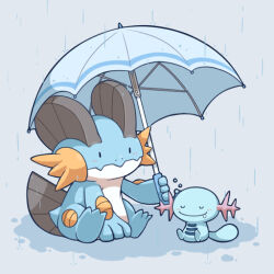  ambiguous_gender blue_background blue_body blush closed_eyes duo generation_3_pokemon holding_object holding_umbrella mudkip nintendo pokemon pokemon_(species) raining simple_background sitting sitting_on_ground smile source_request swampert tagme umbrella unknown_artist 