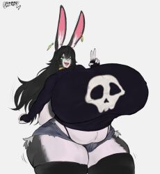  anthro ass bicolored_fur big_breasts big_butt black_hair breasts clothing ddannydemon diana_(dianadoravel) ear_piercing female hair hi_res huge_breasts huge_butt hyper hyper_breasts lagomorph leporid long_ears mammal neck_ring piercing pose rabbit simple_background solo thigh_shorts wide_hips 