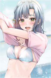  bikini black_hair blue_bikini blush breasts cleavage female highres idolmaster idolmaster_million_live! looking_at_viewer medium_breasts nanao_yuriko outdoors pink_shirt shirt short_sleeves smile solo sweat swimsuit undressing upper_body yellow_eyes yuzuyu_(hyui) 