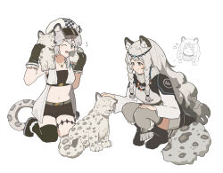  +++ 2girls ;d animal animal_ear_fluff animal_ears arknights bandeau belt black_bandeau black_gloves black_shorts black_thighhighs braid cliffheart_(arknights) crop_top elysiium gloves grey_belt grey_eyes grey_hair grey_tail grey_thighhighs hand_on_own_knee hat highres holding holding_animal jewelry kneeling long_hair long_sleeves looking_at_animal midriff multiple_girls navel necklace one_eye_closed open_mouth petting pramanix_(arknights) short_hair shorts side_braids sidelocks simple_background single_thighhigh smile split_mouth squatting tail thighhighs twin_braids white_background white_hat 