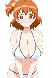  alternate_breast_size bikini bow breasts brown_eyes brown_hair closed_mouth commentary_request female fresh_precure! hairbow highres huet-pc large_breasts looking_at_viewer precure side_ponytail simple_background smile solo swimsuit white_background white_bikini yamabuki_inori yellow_bow 