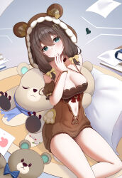  absurdres animal_ears animal_hood bare_shoulders bear_ears bear_hair_ornament bear_hood bear_pajamas black_choker blush bow breasts brown_hair choker cleavage detached_sleeves female hair_ornament halterneck highres hood indoors knosdeba large_breasts long_hair looking_at_viewer low_twintails navel o-ring o-ring_choker open_pajamas original pajamas pillow sitting solo stuffed_animal stuffed_toy teddy_bear twintails yellow_bow 