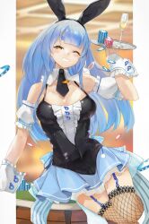  absurdres alternate_costume alternate_hairstyle black_necktie blue_hair chankuro garter_belt garter_straps grin hair_down highres holding holding_tray hololive looking_at_viewer maid necktie one_eye_closed pantyhose skirt smile tray usada_pekora virtual_youtuber yellow_eyes 