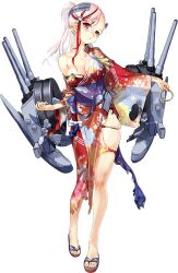  adapted_turret blonde_hair breasts feet female floral_print full_body geta headgear japanese_clothes kantai_collection kimono large_breasts legs looking_at_viewer machinery massachusetts_(kancolle) massachusetts_(yukata_mode)_(kancolle) multicolored_hair multiple_girls official_alternate_costume official_alternate_hairstyle official_art one_eye_closed red_eyes red_hair red_kimono sandals smile solo streaked_hair toenails toes transparent_background turret yukata zeco 