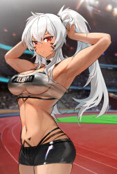  alabama_(azur_lane) armpits arms_behind_head azur_lane bandeau bare_shoulders bikini bikini_under_clothes black_bikini black_shorts breasts commission dark-skinned_female dark_skin detached_collar facepaint female highres light_smile long_hair looking_at_viewer medium_breasts micro_shorts midriff mush navel orange_eyes outdoors parted_lips red_eyes see-through_clothes shorts skindentation solo stadium stomach strapless swimsuit thighs tube_top twintails tying_hair underboob very_long_hair white_hair 