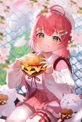  35p_(sakura_miko) :3 absurdres ahoge bandaid bandaid_hair_ornament beret blurry blurry_background blurry_foreground blush breasts burger eating female flower food food_on_face green_eyes hair_ornament hat highres holding holding_burger holding_food hololive jacket large_breasts letterman_jacket long_sleeves looking_at_viewer midriff_peek navel neck_ribbon nemu_iine net official_alternate_costume pink_hair pink_jacket pink_skirt puffy_cheeks red_ribbon ribbon sakura_miko sakura_miko_(school_uniform) school_uniform serafuku short_hair signature skirt thigh_strap thighhighs virtual_youtuber white_serafuku white_thighhighs 