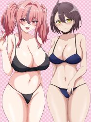  2girls :d absurdres ahoge azur_lane baltimore_(azur_lane) bare_shoulders black_bra black_choker black_panties blue_bra blue_panties blush bra braid breasts bremerton_(azur_lane) brown_hair choker cleavage closed_mouth collarbone commentary cowboy_shot grey_hair hair_between_eyes hair_intakes hand_up highres kuro_hopper large_breasts long_hair looking_at_viewer mole mole_on_breast mole_under_eye multicolored_hair multiple_girls navel open_mouth panties pink_eyes pink_hair plaid_background short_hair sidelocks smile standing stomach streaked_hair twintails two-tone_hair underwear yellow_eyes 