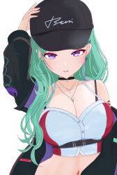  absurdres bare_shoulders belt black_belt black_choker black_hat black_jacket bra_strap breasts character_name chest_belt choker cleavage clothes_writing crop_top earrings female green_hair hair_behind_ear hair_ornament hairclip hand_on_headwear hat highres jacket jewelry large_breasts lipstick_mark_tattoo long_hair looking_at_viewer mole mole_on_breast multiple_necklaces navel open_mouth pierced_hat purple_eyes red_bustier shoulder_tattoo simple_background solo spiked_ear_piercing tattoo triangle_earrings tsuzuki_yakumo two-sided_fabric two-sided_jacket two-tone_bustier virtual_youtuber vspo! white_background white_bustier x_hair_ornament yakumo_beni yakumo_beni_(4th_costume) 