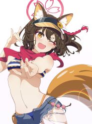  ;d animal_ear_fluff animal_ears bikini blue_archive blush breasts brown_hair cowboy_shot denim denim_shorts dot_nose extra_ears eyeliner eyeshadow female flower_ornament fox_ears fox_shadow_puppet fox_tail hair_between_eyes halo highleg highleg_bikini highres izuna_(blue_archive) izuna_(swimsuit)_(blue_archive) looking_at_viewer makeup navel nokonoko10271 oerba_yun_fang official_alternate_costume one_eye_closed open_fly pink_halo red_eyeshadow red_scarf scarf short_hair shorts simple_background skin_fang small_breasts smile solo string_bikini striped_bikini striped_clothes swimsuit tail white_background yellow_eyes 