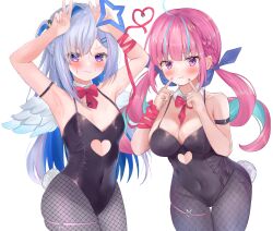  2girls ahoge amane_kanata angel_wings aqua_hair arm_belt armpits arms_up bare_shoulders between_breasts black_leotard black_pantyhose blue_eyes blue_hair blue_ribbon blush bow bowtie braid breasts closed_mouth clothing_cutout collarbone colored_inner_hair commentary_request covered_navel curly_hair detached_collar double_v fake_tail fishnet_pantyhose fishnets flat_chest hair_ornament hair_ribbon hairclip halo heart_cutout highres hololive index_finger_raised large_breasts leotard linea_alba long_hair looking_at_viewer minato_aqua multicolored_hair multiple_girls nironiro_(qlcfud) one_side_up pantyhose pink_bow pink_bowtie pink_eyes pink_hair pink_nails pink_ribbon rabbit_tail ribbon simple_background single_hair_intake smile star_halo streaked_hair sweat tail thigh_gap thigh_strap twintails two-tone_hair v virtual_youtuber wavy_hair white_background white_wings wings 