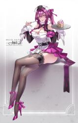  alternate_costume artist_name bare_shoulders black_thighhighs breasts cake character_name cleavage closed_mouth commentary crossed_legs detached_sleeves dress english_commentary female food fork frilled_dress frills garter_straps hair_between_eyes high_heels highres holding holding_fork holding_plate honkai:_star_rail honkai_(series) instagram_logo kafka_(honkai:_star_rail) large_breasts long_hair long_sleeves looking_at_viewer maid_headdress patreon_logo plate princess_ailish purple_dress purple_eyes purple_footwear purple_hair signature sitting thighhighs tongue tongue_out twitter_logo two-tone_dress typo watermark 