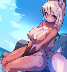  :3 animal_ear_fluff animal_ears arms_between_legs bare_arms bare_legs bare_shoulders between_legs bikini blue_eyes blue_sky blurry blurry_background breasts brown_fur chatora_(0-furry-beast-0) cleavage closed_mouth cloud curvy day dutch_angle eyelashes feet_out_of_frame female from_side furry furry_female gold_bikini hair_between_eyes hair_ribbon hand_between_legs large_breasts legs_together long_hair looking_at_viewer looking_to_the_side low-tied_long_hair micro_bikini multicolored_fur navel ocean on_rock original outdoors polka_dot polka_dot_ribbon ribbon rock side-tie_bikini_bottom sidelocks sitting sky smile snout soaking_feet solo straight_hair strap_gap string_bikini swept_bangs swimsuit tail thick_eyelashes water wet white_hair wide_hips 